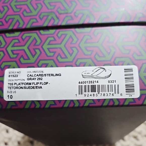 70's Platform Flip Flops Tory Burch Calcare/Sterling Gray / Rainbow Size 10 New - Picture 9 of 9